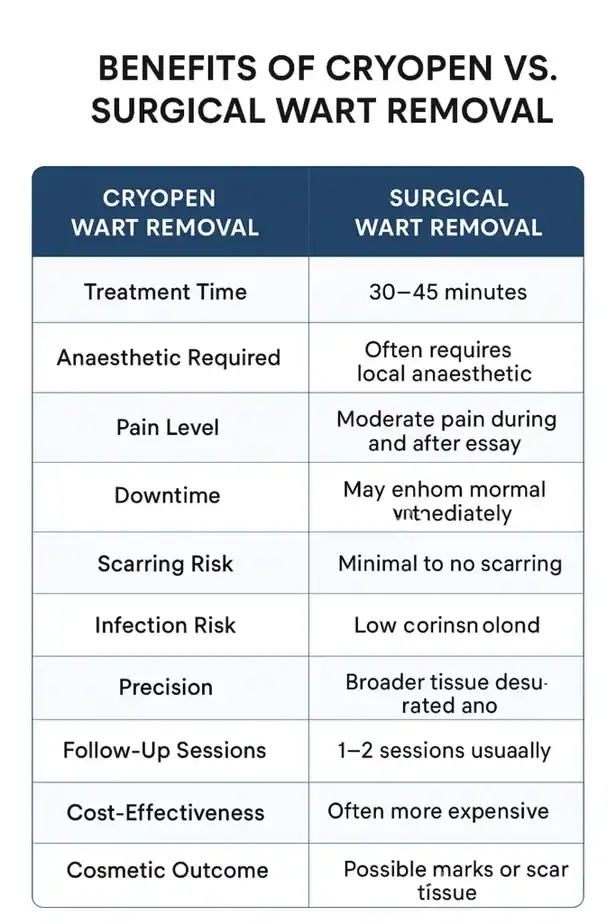 Table showing the benefits of cryopen to remove warts Chigwell compared to surgical treatment